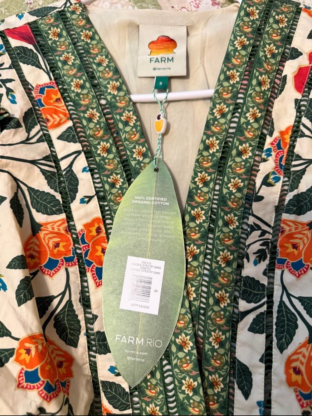FARM Rio Cream Romper with Green Trim and Orange Floral Embroidery - Picture 2 of 3